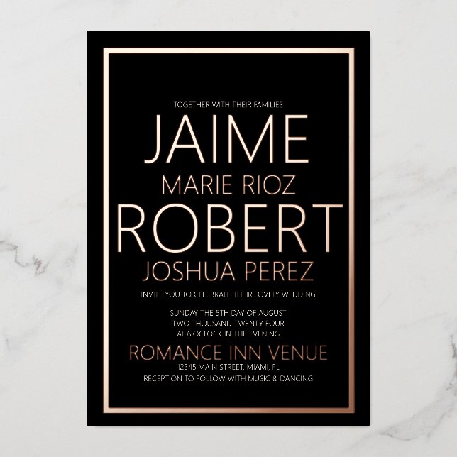SIMPLE & MINIMALIST Black Rose Wedding Foil  Foil Invitation (Front)