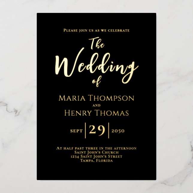 Simple Minimalist Black Script Calligraphy Elegant Foil Invitation (Front)