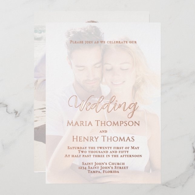 Simple Minimalist Black Script Calligraphy Photo Foil Invitation (Front/Back)