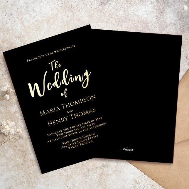 Simple Minimalist Black Script Calligraphy Real Foil Invitation (Elegant minimalist black calligraphy foil wedding invitation with modern script typography design.)