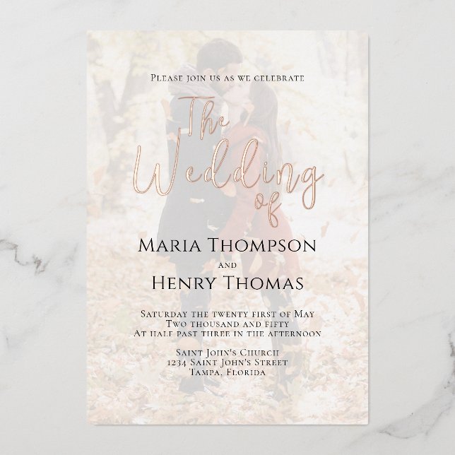 Simple Minimalist Black Text Calligraphy Photo Foil Invitation (Front)