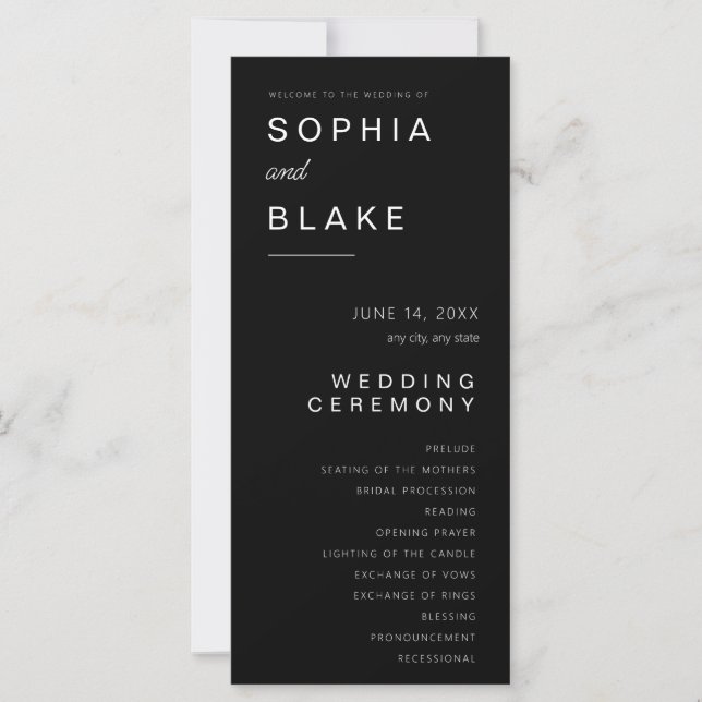 Simple Minimalist Black Wedding Program (Front)