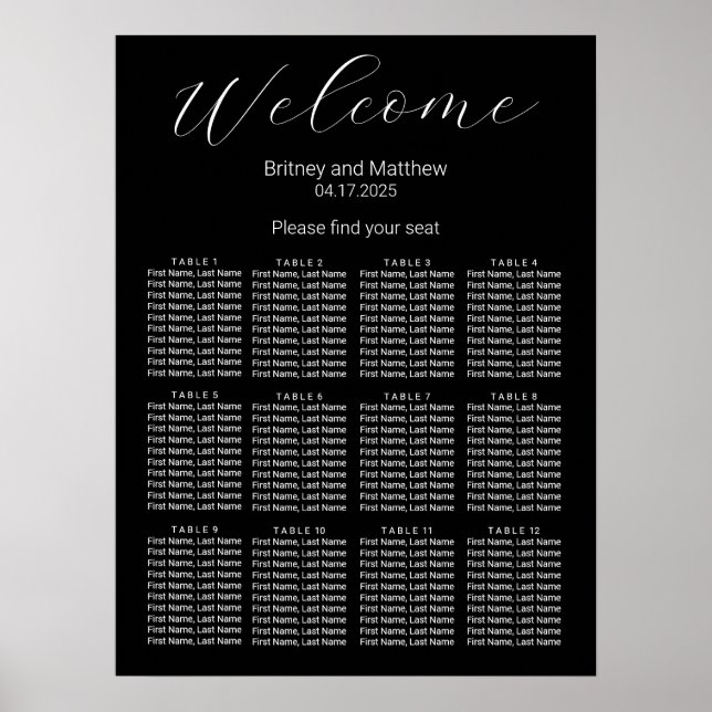 Simple Minimalist Black Wedding Seating Chart (Front)