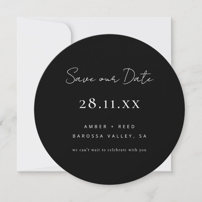 Simple Minimalist Black & White Circle Round  Save The Date (Front)