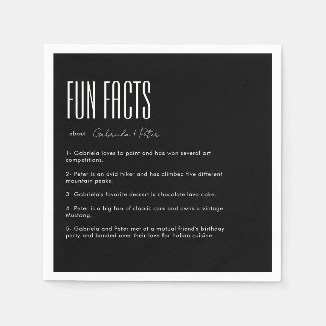 Simple Minimalist Black & White Fun Facts Wedding Napkins (Front)