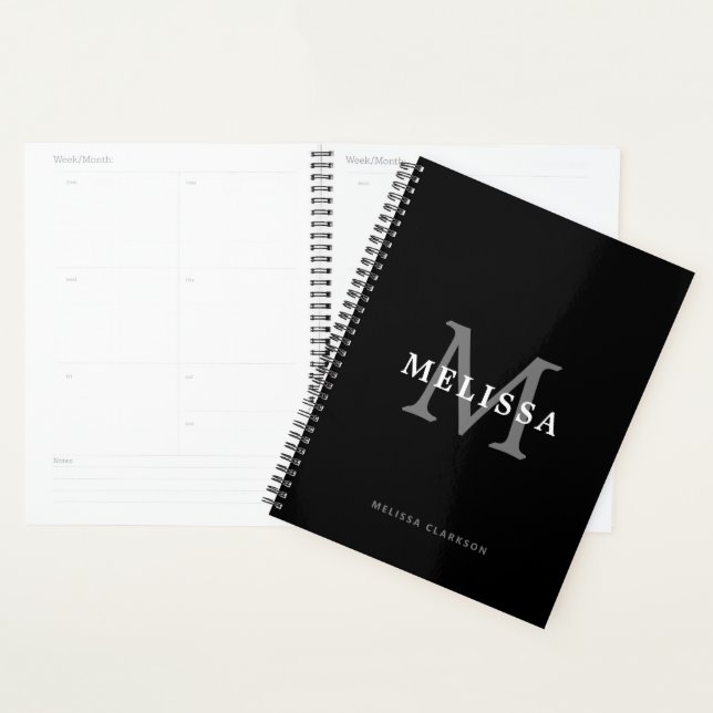 Simple Minimalist Black & White Gray Monogram Planner (Display)
