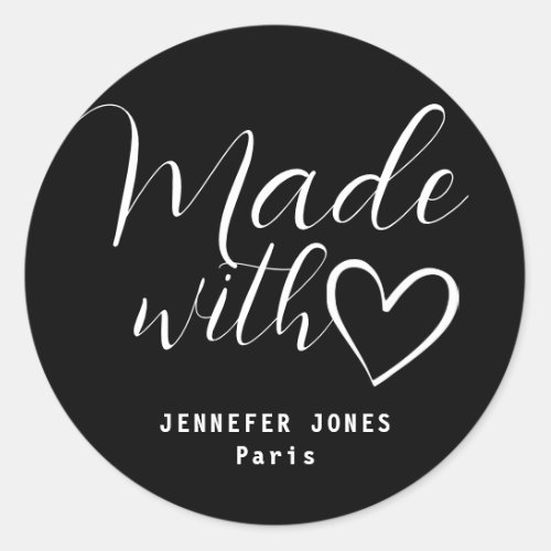 Simple Minimalist Black White Made With Love Heart Classic Round Sticker