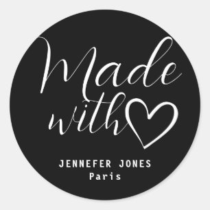 Simple Minimalist Black White Made With Love Heart Classic Round Sticker