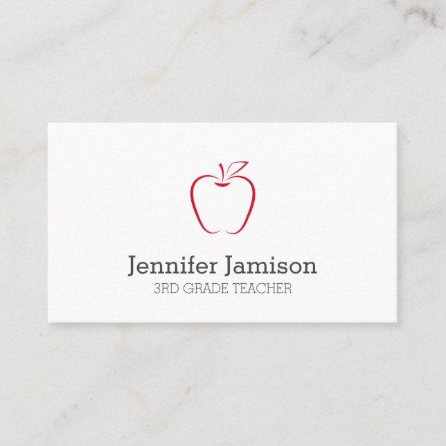 Simple Minimalist Black-White Red Apple Teacher Business Card (Front)
