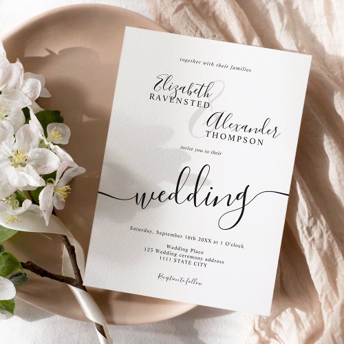 Simple minimalist black white script chic wedding invitation