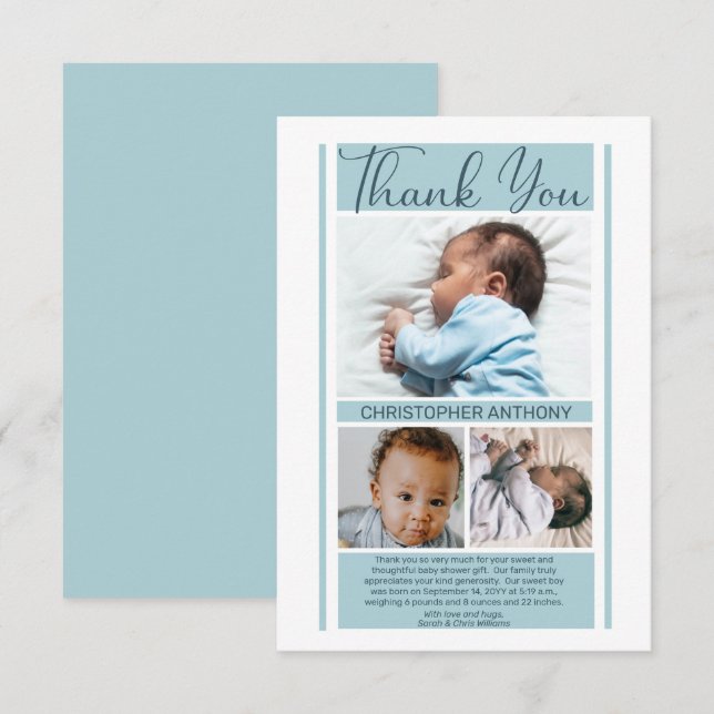 Simple Minimalist Blue Baby Shower Boy Thank You (Front/Back)