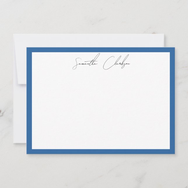 Simple Minimalist Blue Border Handwritten Script Note Card (Front)