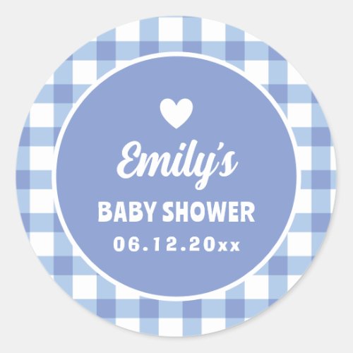 Simple Minimalist Blue Gingham Boy Baby Shower Classic Round Sticker