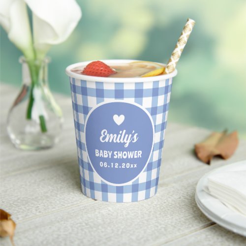Simple Minimalist Blue Gingham Boy Baby Shower Paper Cups