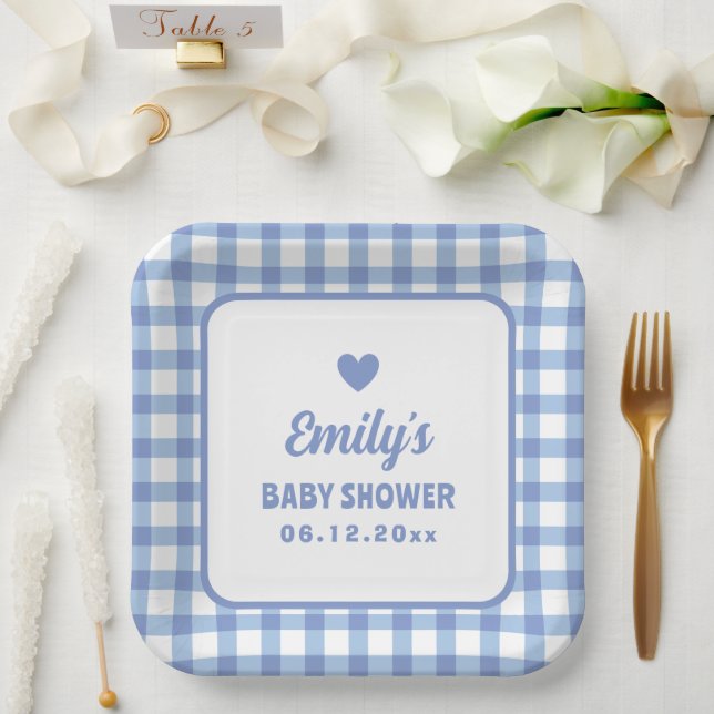 Simple Minimalist Blue Gingham Boy Baby Shower Paper Plates (Wedding)