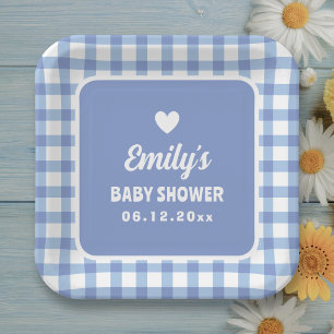 Simple Minimalist Blue Gingham Boy Baby Shower Paper Plates