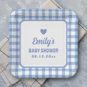 Simple Minimalist Blue Gingham Boy Baby Shower Paper Plates