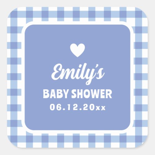 Simple Minimalist Blue Gingham Boy Baby Shower Square Sticker