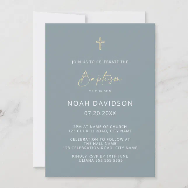 Simple Minimalist Blue & Gold Cross Baptism Invitation | Zazzle