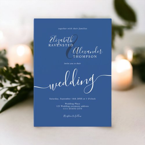 Simple minimalist  blue script chic wedding invitation