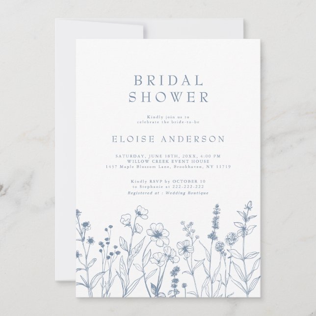 Simple Minimalist Blue Wildflower Bridal Shower Invitation (Front)