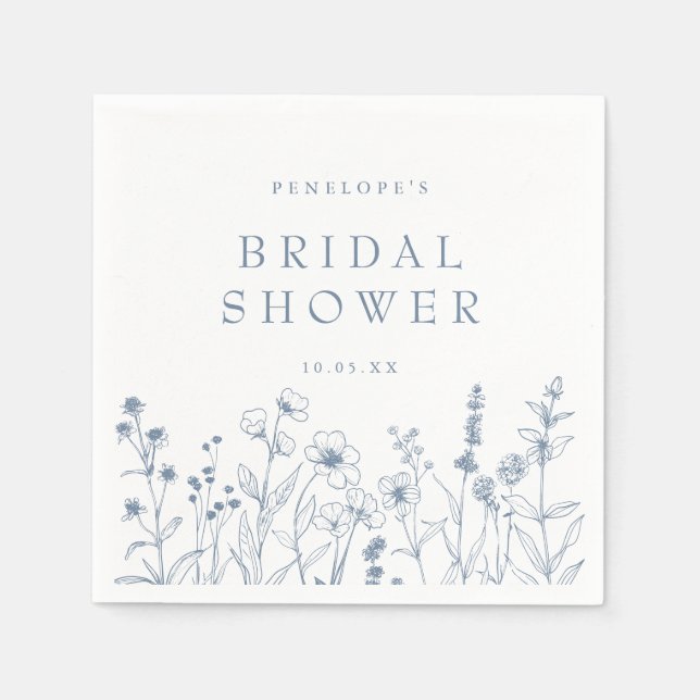Simple Minimalist Blue Wildflower Bridal Shower Napkins (Front)