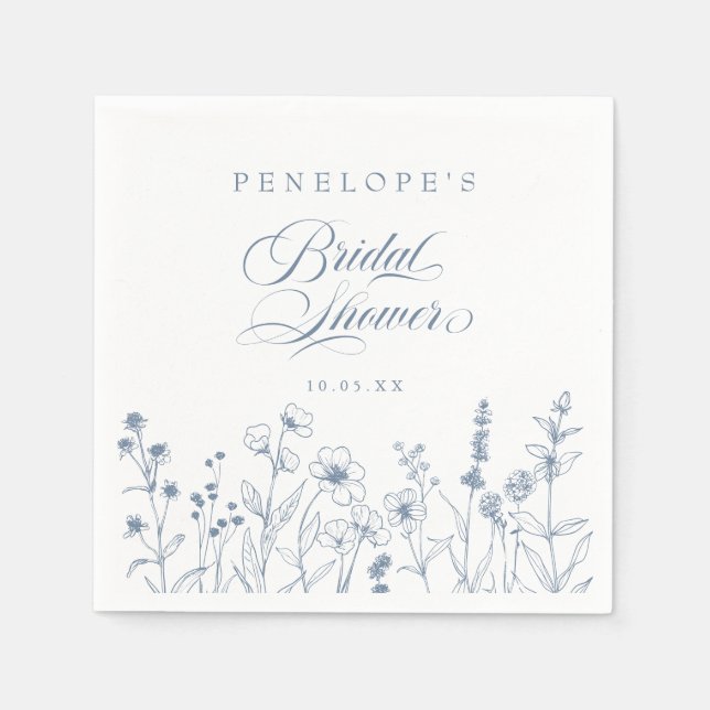 Simple Minimalist Blue Wildflower Bridal Shower Napkins (Front)