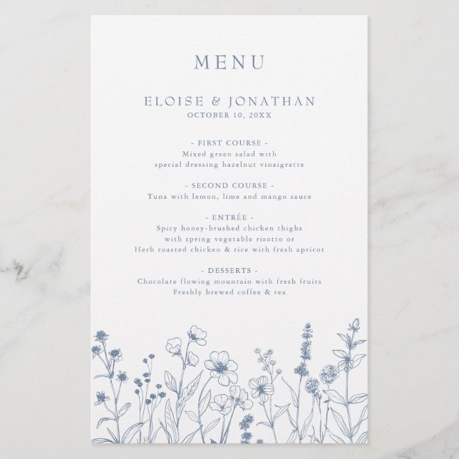 Simple Minimalist Blue Wildflower Wedding Menu (Front)