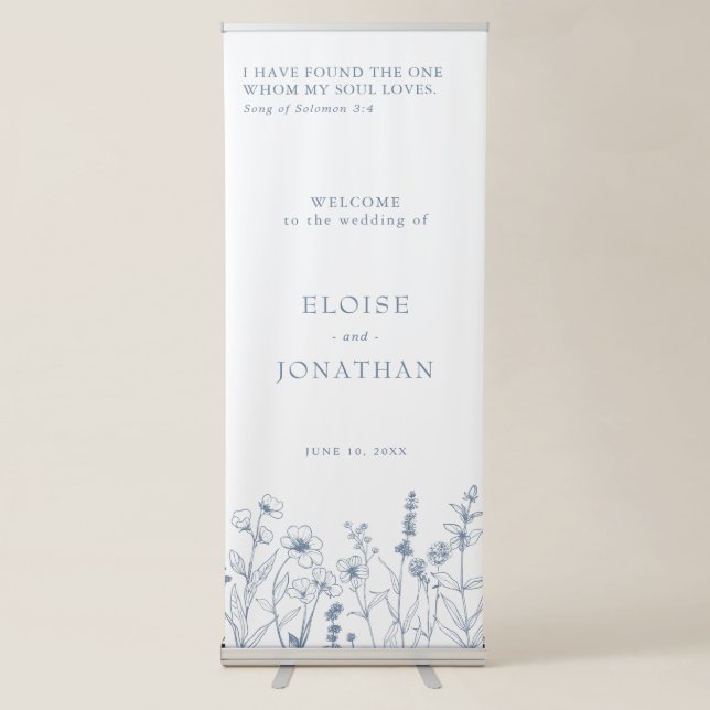 Simple Minimalist Blue Wildflower Wedding Welcome  Retractable Banner (Front)