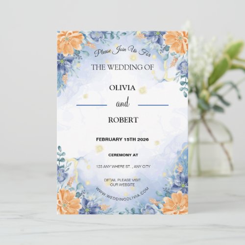 Simple Minimalist Blue Yellow Floral Wedding Invitation