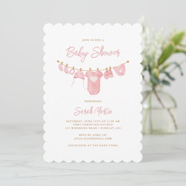 Simple Minimalist Blush Pink Scalloped Baby Shower Invitation (Standing Front)