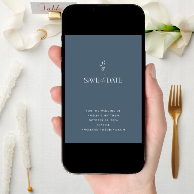 Simple Minimalist Botanical Dusky Blue Wedding Save The Date (Front Digital)