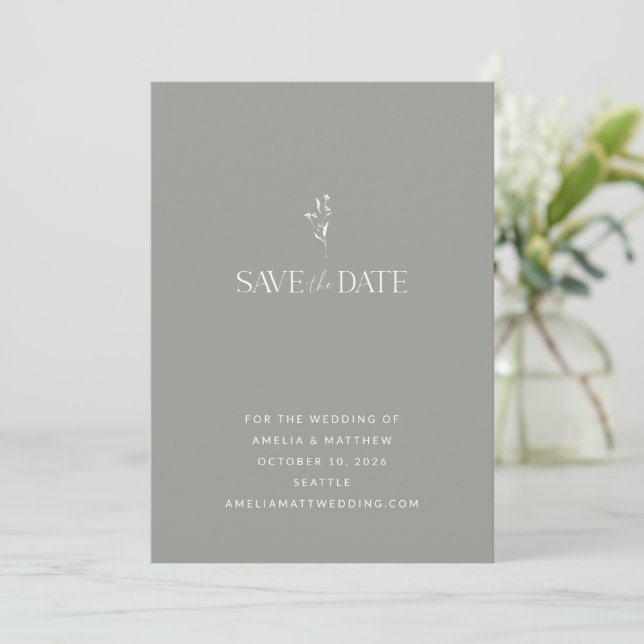 Simple Minimalist Botanical Silver Gray Wedding Save The Date (Standing Front)