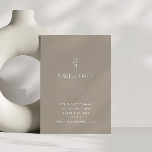 Simple Minimalist Botanical Taupe Brown Wedding Save The Date