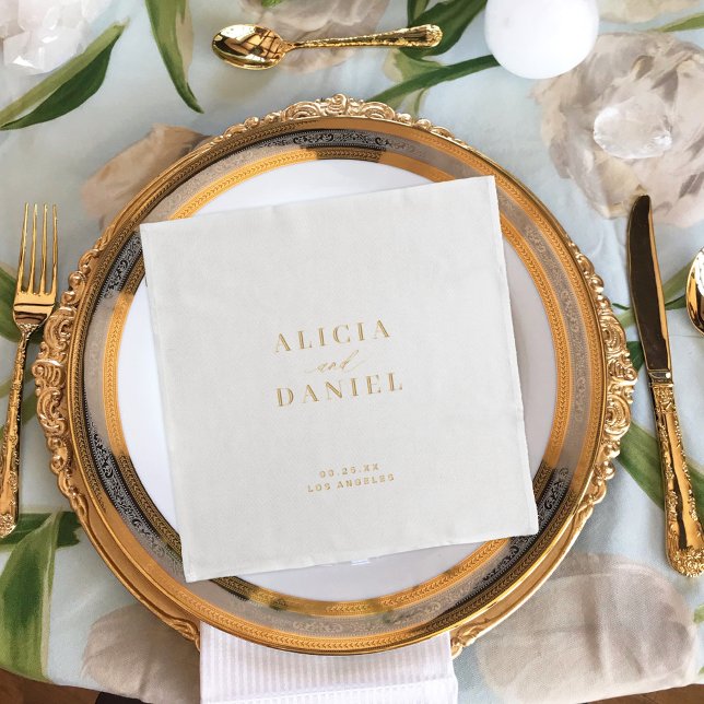 Simple minimalist bride and groom names gold foil napkins (Creator Uploaded)