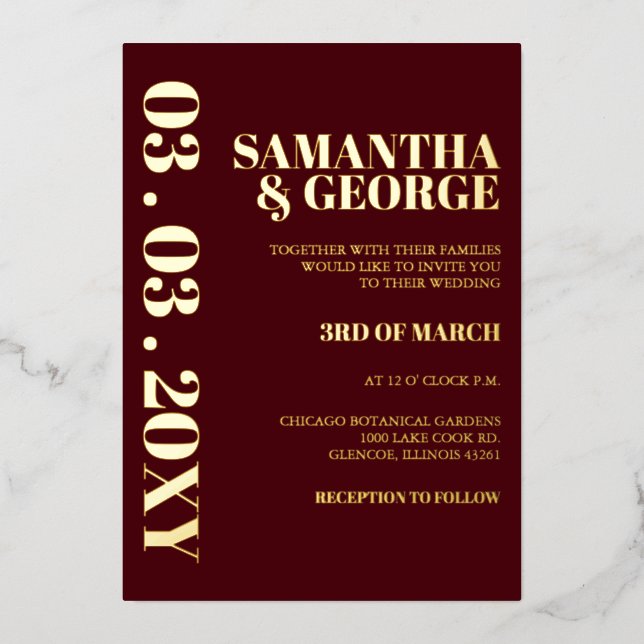 Simple Minimalist Burgundy Modern Wedding  Foil Invitation (Front)