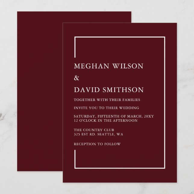 Simple Minimalist Burgundy Modern Wedding   Invitation (Front/Back)