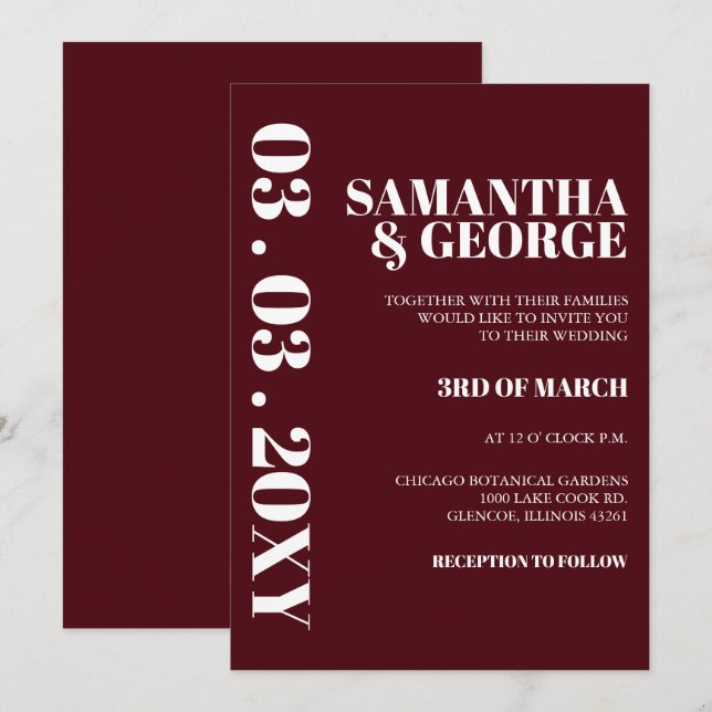 Simple Minimalist Burgundy Modern Wedding  Invitation (Front/Back)
