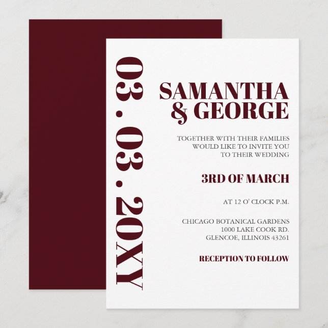 Simple Minimalist Burgundy Modern Wedding  Invitation (Front/Back)