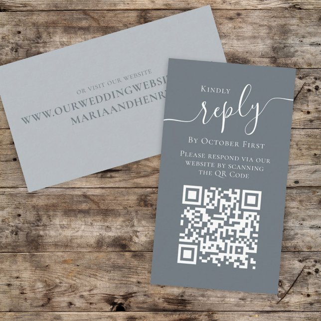 Simple Minimalist Calligraphy QR Code RSVP Blue Enclosure Card (Creator Uploaded)