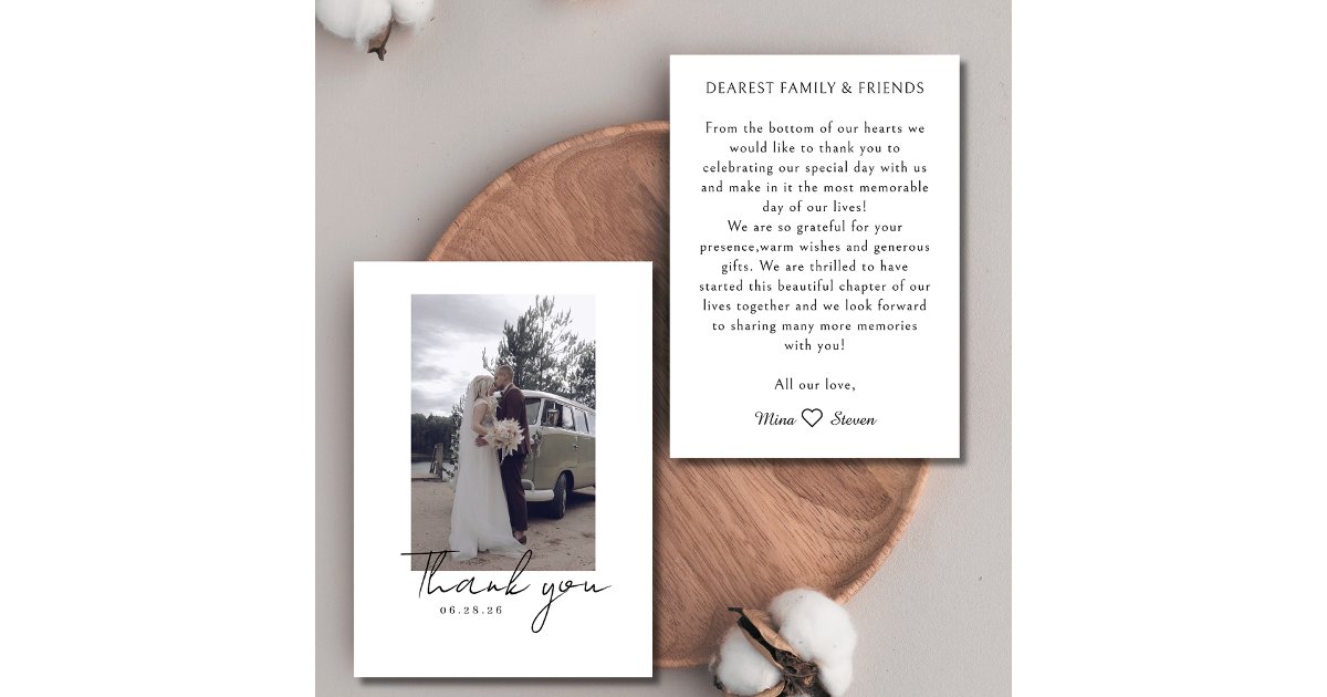 Simple minimalist calligraphy script photo wedding thank you card | Zazzle