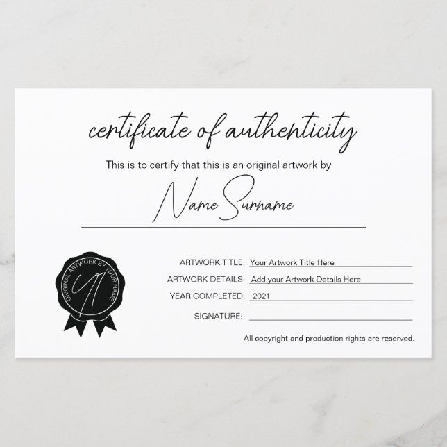 Simple Minimalist Certificate of Authenticity  (Front)