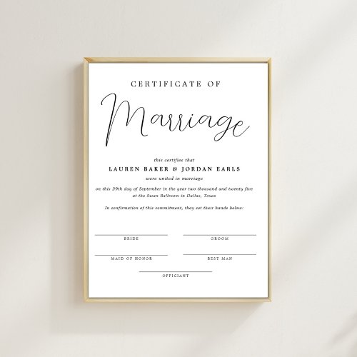 Simple Minimalist Certificate Of Marriage Poster
