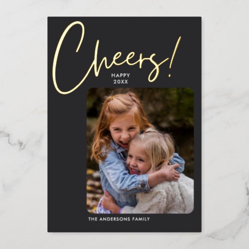 Simple Minimalist Cheers 2023 Photo Happy New Year Foil Holiday Card