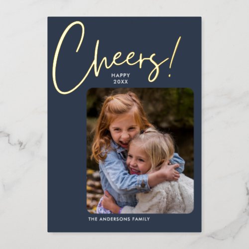 Simple Minimalist Cheers 2023 Photo Happy New Year Foil Holiday Card