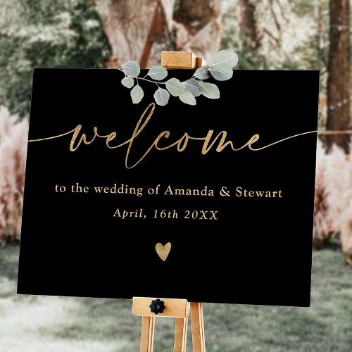 Simple minimalist chic black gold wedding welcome foam board