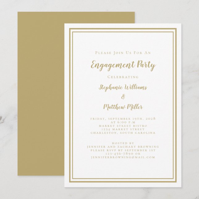 Simple Minimalist Chic Gold White Engagement Party Invitation (Front/Back)