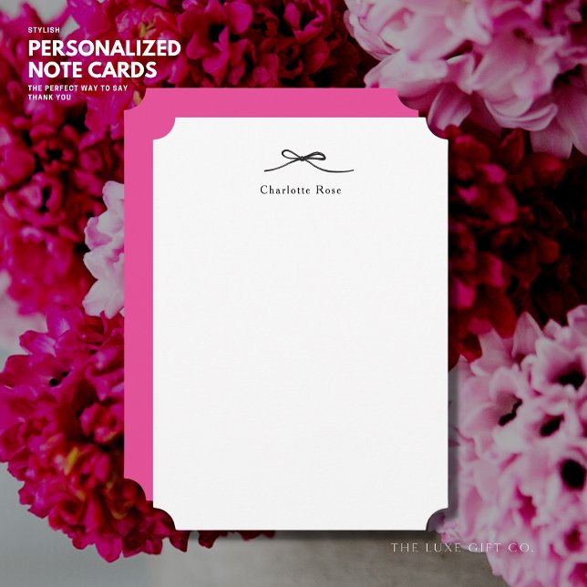 Simple Minimalist Chic Monogram Hot Pink Black Bow Note Card (Creator Uploaded)
