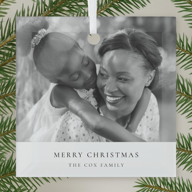Simple Minimalist Chirstmas Black and White Photo Glass Ornament (Creator Uploaded)