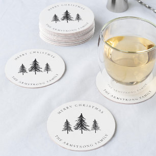 Simple Minimalist Christmas Pine Tree Personalized Round Paper Coaster